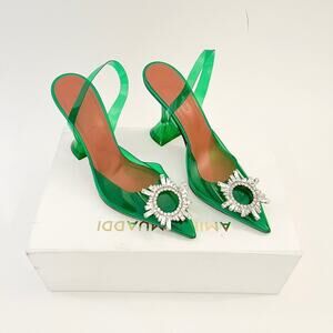 Amina Muaddi Green Stiletto Heels with Crystal Buckle